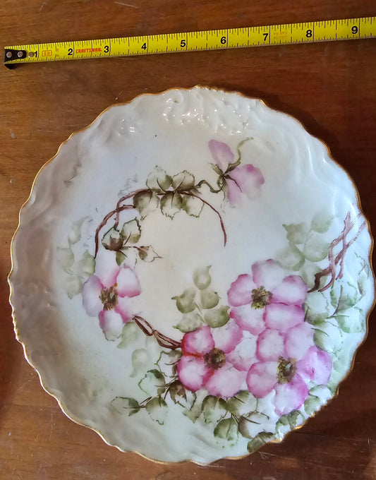 Pink painted flowers antique wall plate