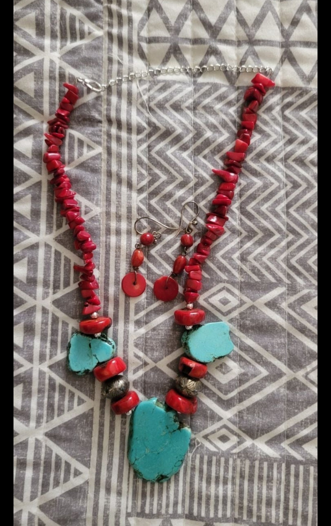 Turquoise & Red necklace and earrings set